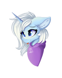 Size: 1024x1280 | Tagged: safe, alternate version, artist:lunar froxy, imported from derpibooru, oc, oc only, oc:eula phi, pony, unicorn, bust, cheek fluff, clothes, ear fluff, female, hoodie, portrait, simple background, smiling, solo, tongue out, transparent background