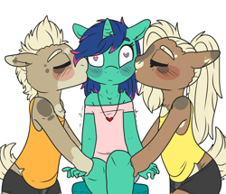 Size: 2006x1724 | Tagged: safe, artist:sexygoatgod, imported from derpibooru, oc, oc only, oc:ceasar, oc:cleo, oc:kasumi, anthro, earth pony, unicorn, blushing, cheek kiss, clothes, earth pony oc, eyes closed, female, femboy, heart eyes, horn, jewelry, kiss sandwich, kissing, male, necklace, reverse trap, simple background, sitting, trio, twins, unicorn oc, white background, wide eyes, wingding eyes