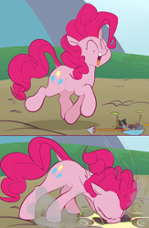 Size: 1542x2364 | Tagged: safe, artist:hattsy, imported from derpibooru, pinkie pie, earth pony, pony, series:pony re-watch, griffon the brush off, comic, dock, eyes closed, faceplant, female, glasses, groucho mask, mare, open mouth, scene interpretation, smiling, solo, trotting