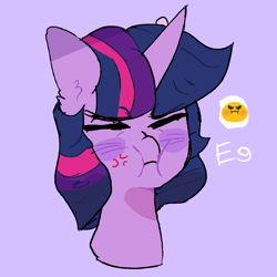 Size: 2500x2500 | Tagged: safe, artist:vilkadvanoli, imported from derpibooru, twilight sparkle, pony, angry, blushing, bust, cross-popping veins, cute, ear fluff, eyes closed, female, high res, madorable, portrait, purple background, simple background, solo, twiabetes