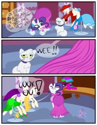 Size: 788x1014 | Tagged: safe, artist:becauseimpink, deleted from derpibooru, imported from derpibooru, opalescence, rarity, cat, pony, unicorn, comic:transition, clothes, dialogue, dress, hat, looking back, mannequin, solo, transgender