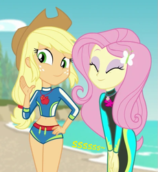 Size: 465x505 | Tagged: safe, artist:thedarkpony, edit, edited screencap, imported from derpibooru, screencap, applejack, fluttershy, equestria girls, equestria girls series, forgotten friendship, clothes, cropped, eyes closed, female, fetish, fluttershy's wetsuit, implied pissing, implied urine, implied wetting, onomatopoeia, pee edit, peeing in wetsuit, story included, swimsuit, wetsuit