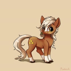 Size: 3200x3200 | Tagged: safe, artist:miokomata, imported from derpibooru, earth pony, pony, carrot, commissioner:darnelg, epona, female, food, mare, mouth hold, ponified, simple background, solo, the legend of zelda, triforce, unshorn fetlocks