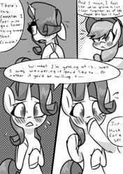 Size: 1024x1458 | Tagged: safe, artist:provolonepone, imported from derpibooru, applejack, rarity, earth pony, pony, unicorn, comic:a sapphic story, applejack's hat, blushing, blushing profusely, comic, cowboy hat, fidgeting, hat, hoof over mouth, implied lesbian, implied rarijack, implied shipping, monochrome, speech bubble