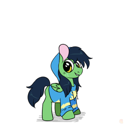 Size: 1750x1750 | Tagged: safe, artist:not quite equine, artist:skulljooce, imported from derpibooru, oc, oc only, oc:little green, pegasus, pony, clothes, female, filly, freckles, hoodie, next generation, offspring, parent:applejack, parent:soarin', parents:soarinjack, pegasus oc, solo, wonderbolts hoodie