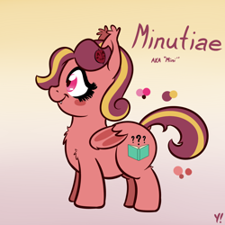 Size: 1200x1200 | Tagged: safe, artist:yakoshi, imported from derpibooru, oc, oc only, oc:minutiae, bat pony, pony, bat pony oc, blush sticker, blushing, chest fluff, chubby, female, hairpin, mare, reference sheet, smiling, solo