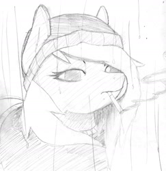 Size: 1937x1989 | Tagged: safe, artist:fluor1te, imported from derpibooru, oc, oc only, oc:fluorite, pony, beanie, cigarette, clothes, doomer, female, hat, hoodie, mare, meme, monochrome, pencil drawing, rain, sketch, smoke, smoking, solo, traditional art, wojak