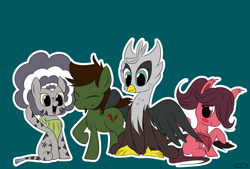 Size: 1280x865 | Tagged: safe, artist:taurson, imported from derpibooru, oc, oc only, oc:gia, oc:green ganache, oc:minutiae, oc:shairi, bat pony, griffon, zebra, bat pony oc, earth pony oc, female, green background, griffon oc, group shot, male, mare, simple background, stallion, zebra oc