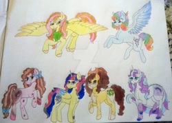 Size: 1057x756 | Tagged: safe, artist:monse2001, imported from derpibooru, oc, oc only, oc:apple blossom, oc:apple heart, oc:chocolate cotton candy, oc:rainbow drops, oc:snow diamond, oc:stella sparkle, alicorn, dracony, earth pony, hybrid, pegasus, pony, deviantart watermark, interspecies offspring, next generation, obtrusive watermark, offspring, parent:applejack, parent:big macintosh, parent:caramel, parent:cheese sandwich, parent:comet tail, parent:fluttershy, parent:pinkie pie, parent:rainbow dash, parent:rarity, parent:soarin', parent:spike, parent:twilight sparkle, parents:carajack, parents:cheesepie, parents:cometlight, parents:fluttermac, parents:soarindash, parents:sparity, traditional art, watermark