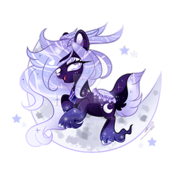 Size: 800x800 | Tagged: safe, artist:ipun, imported from derpibooru, oc, oc only, oc:lavender prisma, deer, deer pony, original species, pond pony, crescent moon, deviantart watermark, ethereal mane, female, mare, moon, obtrusive watermark, simple background, solo, starry mane, tangible heavenly object, transparent background, watermark