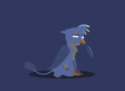 Size: 1666x1218 | Tagged: safe, alternate version, artist:gd_inuk, imported from derpibooru, gallus, griffon, beak hold, blank eyes, blue background, chest fluff, cute, empty eyes, feather, gallabetes, lighting, lineless, lonely, male, no pupils, sad, sadorable, simple background, sitting, solo, stylized