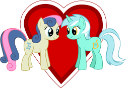 Size: 2174x1518 | Tagged: safe, artist:oceanbreezebrony, imported from derpibooru, bon bon, lyra heartstrings, sweetie drops, pony, female, heart, lesbian, lyrabon, shipping, show accurate, simple background, transparent background