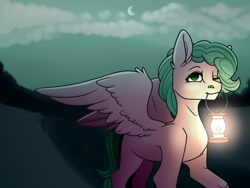 Size: 4724x3543 | Tagged: safe, artist:buvanybu, imported from derpibooru, oc, oc only, oc:sabrosa, pegasus, pony, cloud, crescent moon, lantern, light, looking at you, moon, mouth hold, night, one eye closed, path, road, ych result