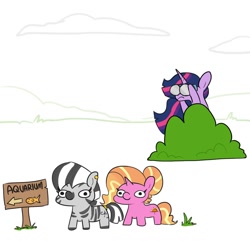 Size: 1080x1080 | Tagged: safe, artist:tjpones, imported from derpibooru, luster dawn, twilight sparkle, oc, oc:zizzie, alicorn, pony, unicorn, zebra, the last problem, binoculars, bushicorn, female, imminent racism, lustie, mare, princess twilight 2.0, sign, squatpony, squatzebra, twiggie 2.0, twilight bushel, twilight sparkle (alicorn), woonoggles, zebra oc