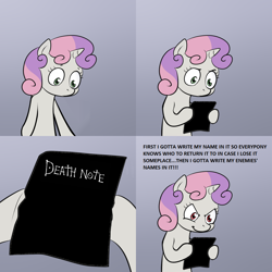 Size: 1024x1024 | Tagged: safe, artist:lemondevil, edit, imported from derpibooru, sweetie belle, pony, crossover, death note, exploitable meme, meme, obligatory pony, sweetie fail, sweetie's note meme, sweetiedumb, this will end in death, too dumb to live