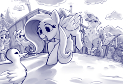 Size: 2912x2000 | Tagged: safe, artist:dimfann, imported from derpibooru, fluttershy, gilda, bird, duck, griffon, pegasus, pony, unicorn, series:pony re-watch, griffon the brush off, cute, eyes on the prize, female, mare, monochrome, open mouth, scene interpretation, shyabetes, this will end in tears, walking, walking backwards