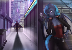 Size: 3000x2100 | Tagged: safe, artist:mintjuice, imported from derpibooru, oc, oc:shadow diamond, anthro, bat pony, cyborg, anthro oc, bat anthro pony, bat pony oc, bat wings, car, city, clothes, cyberpunk, female, mare, night, street, weapon, wings, ych result