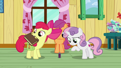 Size: 1280x720 | Tagged: safe, imported from derpibooru, screencap, apple bloom, scootaloo, sweetie belle, pony, the last crusade, book, clubhouse, crusaders clubhouse, cutie mark crusaders