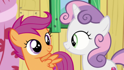 Size: 1280x720 | Tagged: safe, imported from derpibooru, screencap, scootaloo, sweetie belle, pegasus, pony, unicorn, the last crusade, clubhouse, crusaders clubhouse, cute, cutealoo, diasweetes, looking at each other, looking at someone, smiling, spread wings, the cmc's cutie marks, wings