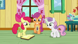 Size: 1280x720 | Tagged: safe, imported from derpibooru, screencap, apple bloom, scootaloo, sweetie belle, pony, the last crusade, book, clubhouse, crusaders clubhouse, cutie mark crusaders