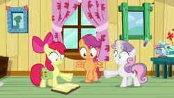 Size: 1920x1080 | Tagged: safe, imported from derpibooru, screencap, apple bloom, scootaloo, sweetie belle, pony, the last crusade, book, clubhouse, crusaders clubhouse, cutie mark crusaders