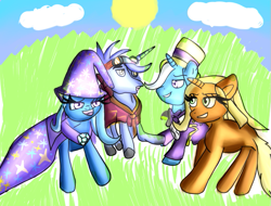 Size: 675x512 | Tagged: safe, artist:crystalsnowolf, imported from derpibooru, hoo'far, jack pot, sunflower spectacle, trixie, pony, female, jacktacle, male, shipping, straight, trixfar