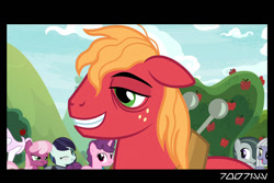 Size: 1288x858 | Tagged: safe, edit, edited screencap, editor:teren rogriss, imported from derpibooru, screencap, big macintosh, cheerilee, coloratura, fleur-de-lis, limestone pie, marble pie, sugar belle, earth pony, pony, unicorn, going to seed, apple, apple tree, big macintosh gets all the mares, female, floppy ears, food, grin, horn, male, mare, one eye closed, open mouth, smiling, stallion, straight, sweet apple acres, tree, wink