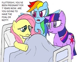 Size: 391x314 | Tagged: safe, artist:terry, edit, imported from derpibooru, fluttershy, rainbow dash, twilight sparkle, pegasus, pony, unicorn, alternate universe, bed, family guy, female, frown, hospital bed, jerkass has a point, lampshade hanging, mare, overdue, permapregnant, preggoshy, pregnant, rainbow douche, simple background, trio, unicorn twilight, white background
