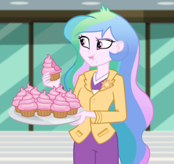 Size: 1140x1078 | Tagged: safe, imported from derpibooru, screencap, princess celestia, equestria girls, equestria girls series, holidays unwrapped, spoiler:eqg series (season 2), blazer, brooch, cake, cakelestia, canterlot high, cropped, crumbs, cupcake, cutie mark accessory, cutie mark brooch, eating, female, food, frosting, imagine spot, jewelry, missing accessory, pistachio cream cupcake, plate, principal celestia, puffy cheeks, solo, this will end in diabetes, this will end in weight gain, winter break-in