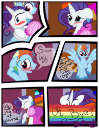 Size: 3500x4500 | Tagged: safe, artist:becauseimpink, imported from derpibooru, rainbow dash, rarity, pegasus, pony, unicorn, comic:transition, arm behind head, blushing, clothes, comic, crossdressing, dialogue, dress, elusive, embarrassed, eyes closed, hug, male, rainbow, rainbow blitz, raised hoof, rule 63, stallion, transgender, unshorn fetlocks