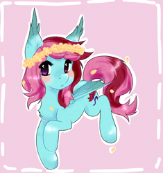 Size: 730x775 | Tagged: safe, artist:pomrawr, imported from derpibooru, oc, oc only, bat pony, pony, bat pony oc, blushing, chest fluff, floral head wreath, flower, solo