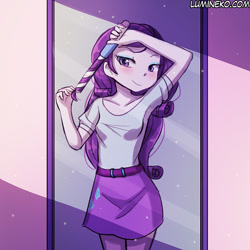 Size: 750x750 | Tagged: safe, artist:lumineko, imported from derpibooru, rarity, equestria girls, clothes, curling iron, cute, digital art, female, raribetes, smiling, solo