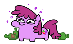 Size: 1004x610 | Tagged: safe, artist:jargon scott, imported from derpibooru, berry punch, berryshine, earth pony, pony, alcohol, bottle, drunk, drunk bubbles, female, lidded eyes, mare, simple background, smiling, solo, squatpony, white background