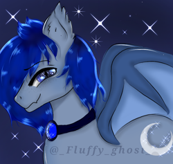 Size: 768x728 | Tagged: safe, artist:fluffychan, imported from derpibooru, oc, oc only, oc:stelkhavolk, bat pony, pony, :3, bat pony oc, cute, freckles, gem, jewelry, lunar guardian, male, necklace, sapphire, stallion, stars