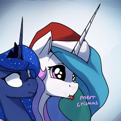 Size: 1200x1199 | Tagged: safe, artist:anticular, edit, imported from derpibooru, princess celestia, princess luna, alicorn, pony, ask sunshine and moonbeams, :p, :t, angry, christmas, comic, confused, cropped, cute, cutelestia, derp, derplestia, dilated pupils, duo, eye shimmer, female, frown, hat, holiday, it chrismas, lidded eyes, luna is not amused, majestic as fuck, mare, nose wrinkle, raspberry, royal sisters, santa hat, scrunchy face, shrunken pupils, sillestia, silly, text, this will end in pain, tongue out, unamused, wide eyes