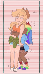 Size: 442x750 | Tagged: source needed, safe, artist:drawbauchery, imported from derpibooru, applejack, rainbow dash, human, appledash, clothes, cowboy hat, dark skin, female, hat, hug, humanized, lesbian, rainbow socks, shipping, socks, striped socks