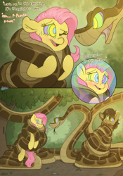 Size: 3500x5000 | Tagged: safe, artist:fluffyxai, imported from derpibooru, fluttershy, oc, oc:spirit wind, earth pony, pegasus, pony, snake, coils, comic, dialogue, disney, drool, female, food chain, hypnosis, hypnotized, imminent mind control, imminent vore, kaa, kaa eyes, male, mare, mind control, one eye closed, predator, prey, smiling, stallion, story included, swirly eyes, the jungle book, this will end in death