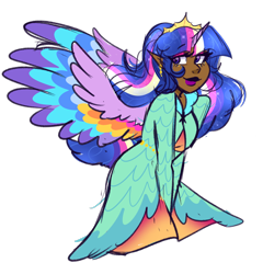 Size: 1280x1336 | Tagged: safe, artist:cubbybatdoodles, imported from derpibooru, twilight sparkle, alicorn, human, the last problem, alicorn humanization, breasts, colored wings, colored wingtips, dark skin, delicious flat chest, elf ears, female, horn, horned humanization, humanized, multicolored wings, older, older twilight, princess twilight 2.0, simple background, solo, transparent background, twilight sparkle (alicorn), unicorns as elves, winged humanization, wings