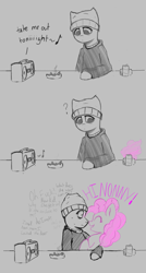 Size: 1143x2126 | Tagged: safe, artist:owlnon, imported from derpibooru, pinkie pie, oc, oc:anon, earth pony, pony, semi-anthro, /mlp/, 4chan, ashtray, bags under eyes, beanie, boombox, cigarette, clothes, comic, dialogue, doomer, hat, hoodie, music notes, partial color, question mark, scrunch, scrunchy face, smiling, soda can