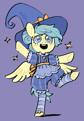 Size: 1044x1497 | Tagged: safe, artist:amphoera, imported from derpibooru, oc, oc only, oc:venti via, pegasus, pony, clothes, cute, dancing, hat, purple background, simple background, solo, sparkles, witch hat