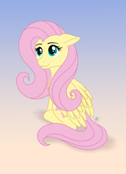 Size: 1085x1500 | Tagged: safe, artist:starshade, imported from derpibooru, fluttershy, pegasus, pony, chest fluff, cute, female, full body, gradient background, mare, sitting, smiling, solo