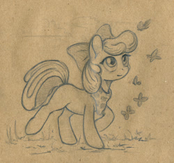 Size: 1200x1125 | Tagged: safe, artist:maytee, imported from derpibooru, apple bloom, butterfly, earth pony, pony, apple bloom's bow, bandana, bow, female, hair bow, looking up, missing cutie mark, older, solo, teenager, traditional art, walking