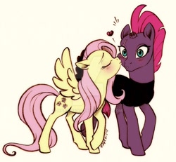 Size: 800x739 | Tagged: safe, artist:nadairead, deleted from derpibooru, imported from derpibooru, fluttershy, tempest shadow, pegasus, pony, unicorn, blushing, broken horn, cheek kiss, deviantart watermark, eye scar, female, heart, horn, kiss on the cheek, kissing, lesbian, mare, obtrusive watermark, scar, shipping, simple background, tempestshy, watermark