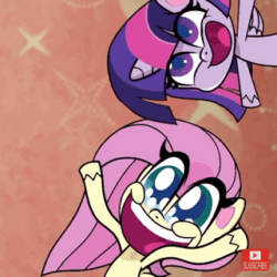 Size: 320x320 | Tagged: safe, imported from derpibooru, screencap, fluttershy, twilight sparkle, alicorn, pony, my little pony: pony life, animated, cropped, duo, exuberant airdancer fluttershy, female, g4.5, gif, looking at you, loop, mare, noodle arms, twilight sparkle (alicorn)