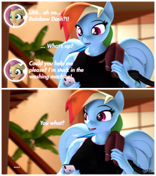 Size: 3840x4317 | Tagged: safe, artist:anthroponiessfm, imported from derpibooru, fluttershy, rainbow dash, anthro, 3d, blushing, clothes, comic, context is for the weak, explicit source, female, meme, phone, source filmmaker, towel