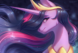 Size: 2800x1900 | Tagged: safe, artist:fenwaru, imported from derpibooru, twilight sparkle, alicorn, pony, the last problem, chromatic aberration, crown, ear fluff, female, flowing mane, high res, horn, jewelry, long horn, long mane, looking at you, majestic, mare, older, older twilight, peytral, princess twilight 2.0, regalia, smiling, solo, sparkles, twilight sparkle (alicorn)
