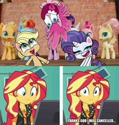 Size: 1242x1305 | Tagged: safe, edit, edited screencap, imported from derpibooru, screencap, applejack, fluttershy, pinkie pie, rainbow dash, rarity, sunset shimmer, twilight sparkle, alicorn, earth pony, pegasus, pony, unicorn, equestria girls, equestria girls series, forgotten friendship, my little pony: pony life, calarts, cancelled, caption, female, g4.5, geode of empathy, image macro, looking at you, magical geodes, mare, mouthpiece, pony life drama, text, twilight sparkle (alicorn)