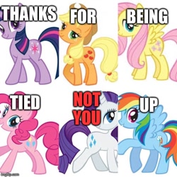 Size: 500x500 | Tagged: safe, imported from derpibooru, applejack, fluttershy, pinkie pie, rainbow dash, rarity, twilight sparkle, pony, unicorn, imgflip, meme, not you, op is a duck, op is trying to start shit, tied up, unicorn twilight