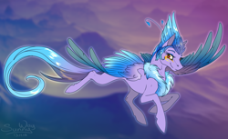 Size: 1400x857 | Tagged: safe, artist:sunny way, imported from derpibooru, oc, oc:empyrea, pegasus, pony, event, feather, fluffy, flying, mountain, smiling, solo, spread wings, wings