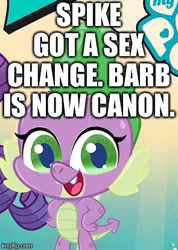 Size: 295x414 | Tagged: safe, editor:useraccount, imported from derpibooru, rarity, spike, dragon, my little pony: pony life, barb, caption, female, g4.5, image macro, looking at you, rule 63, sex change, solo focus, text